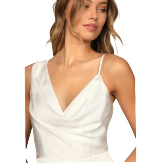 NEW‎ Lulus Likely Lover Ivory Satin Asymmetrical Cowl Neck Romper 2" Inseam XL - Picture 3 of 16